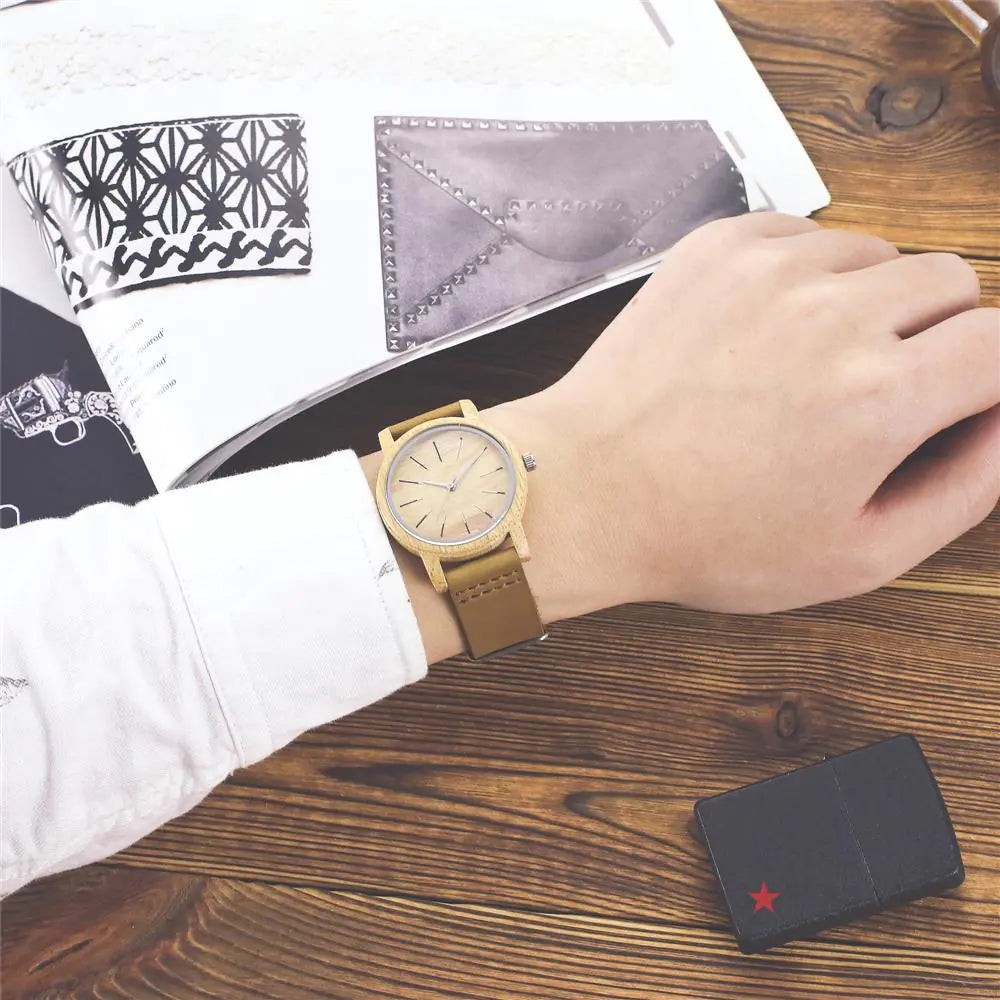 Creative Bamboo Couples Watch with Leather Band