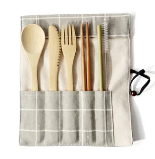 Portable Outdoor Bamboo Utensil Set with Bag