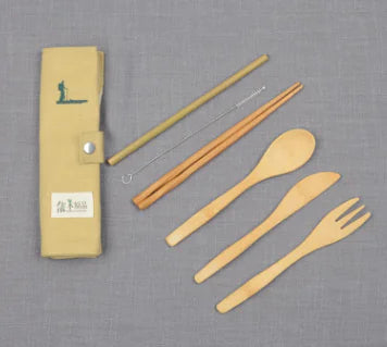 Portable Outdoor Bamboo Utensil Set with Bag