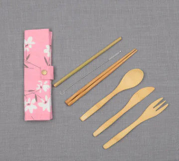 Portable Outdoor Bamboo Utensil Set with Bag