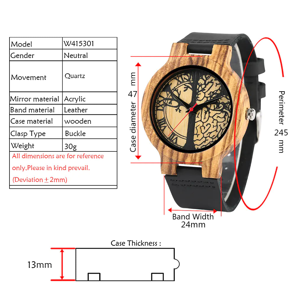 Zebra Wood Tree of Life Quartz Watch in Bamboo Design