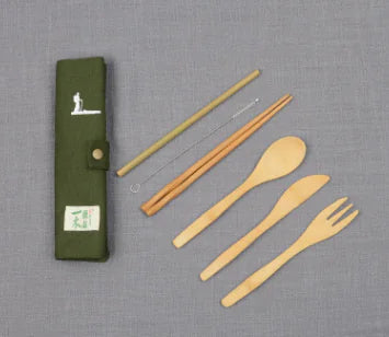 Portable Outdoor Bamboo Utensil Set with Bag